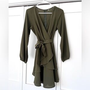 Olive Green Long Sleeve Dress with Tie Waist